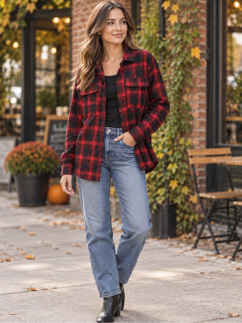 True Religion Womenโs Large Red Black Plaid Flannel Button Down Shirt
